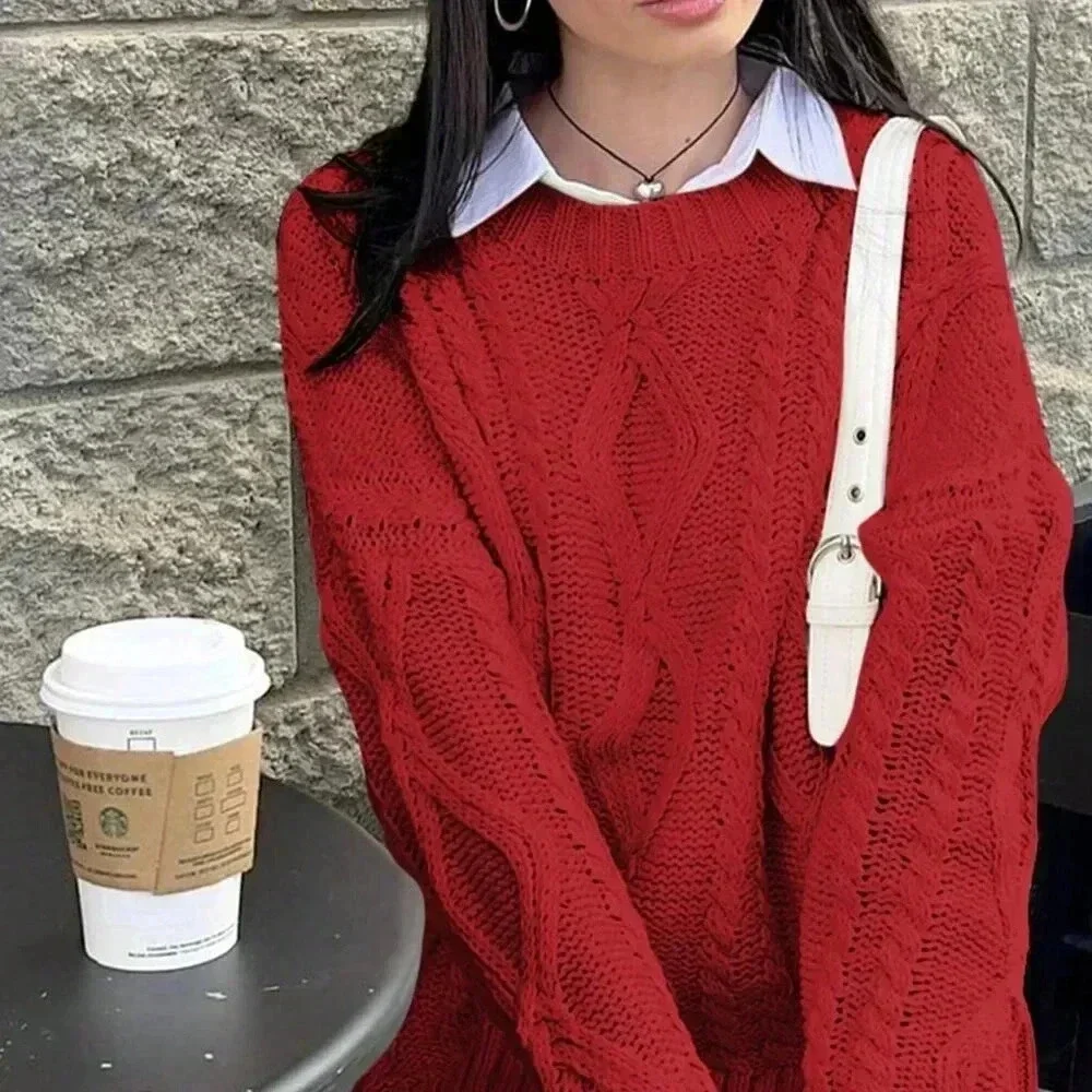 Deep Red Casual Women's Cable Knit Crew Neck Loose Long Sleeve Sweater - Picture 4 of 6